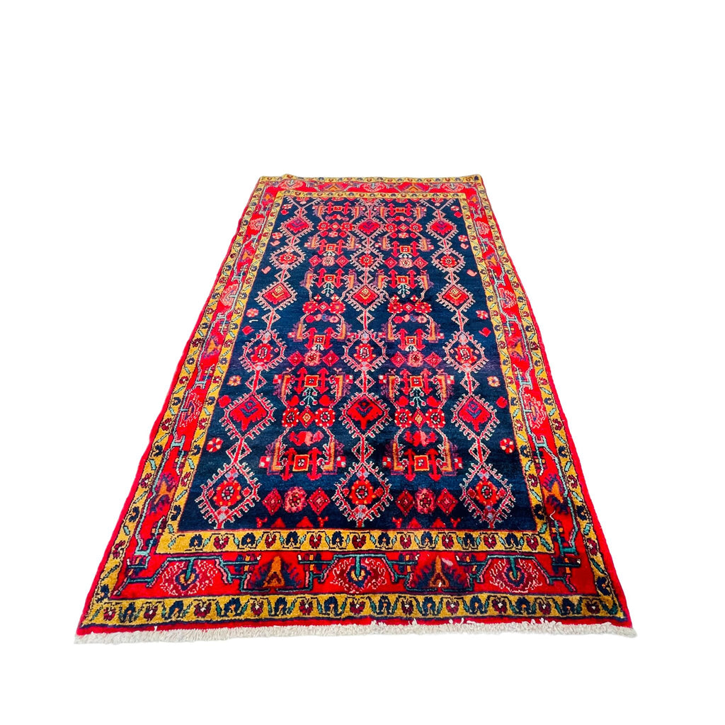 Orientteppich Blau Rot Gelb Rautenfeld, 216 × 130 cm (7,1 × 4,3 ft), handgeknüpftes Unikat