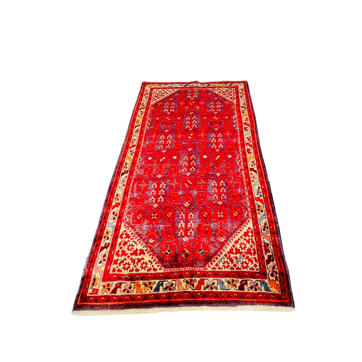 Orientteppich Rot Blau Beige Rautenfeld, 210 × 110 cm (6,9 × 3,6 ft), handgeknüpftes Unikat