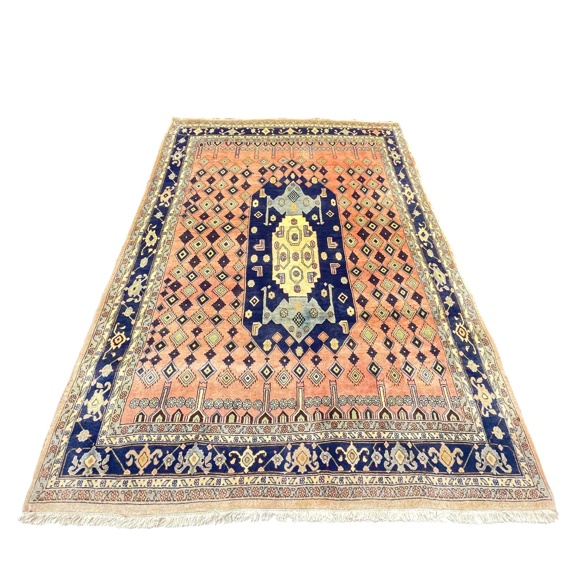 Orientteppich Terrakotta Blau Medaillon, 230 × 160 cm (7,5 × 5,2 ft), handgeknüpftes Unikat