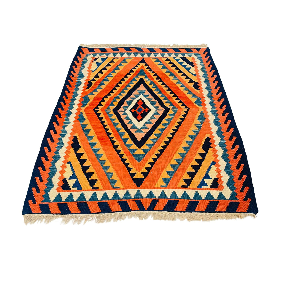 Kelim Teppich Orange Rauten-Medaillon, 148 × 109 cm (4,9 × 3,6 ft), handgewebtes Unikat