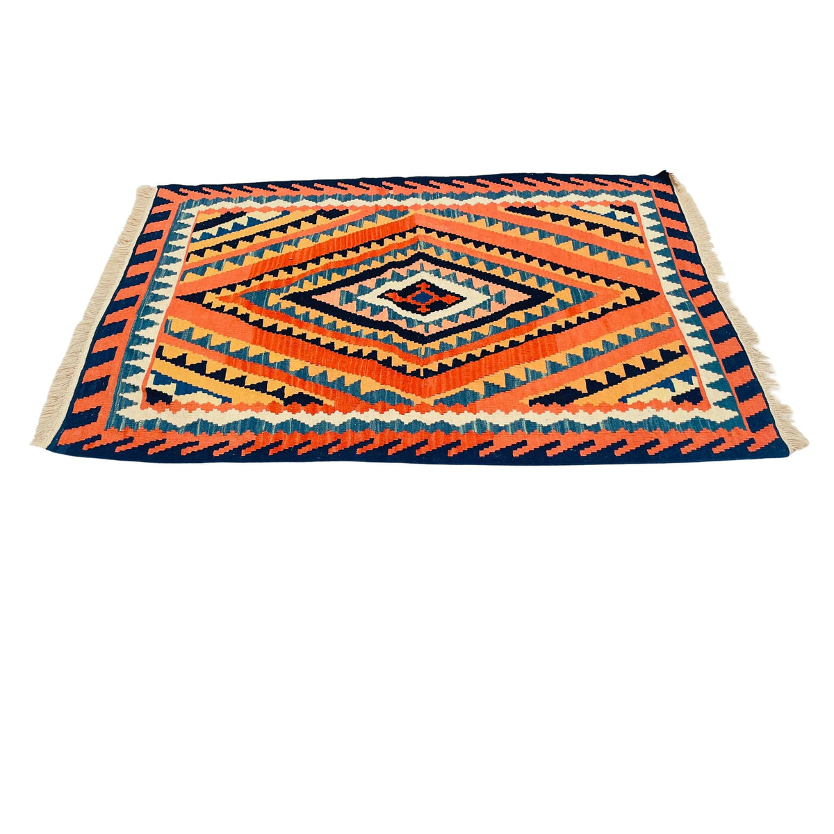 Kelim Teppich Orange Rauten-Medaillon, handgewebtes Unikat – Ansicht 4