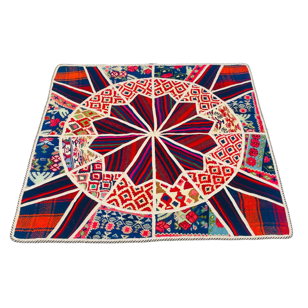 Kelim Teppich Rosette Patchwork Bunt, 100 × 100 cm (3,3 × 3,3 ft), handgewebtes Unikat
