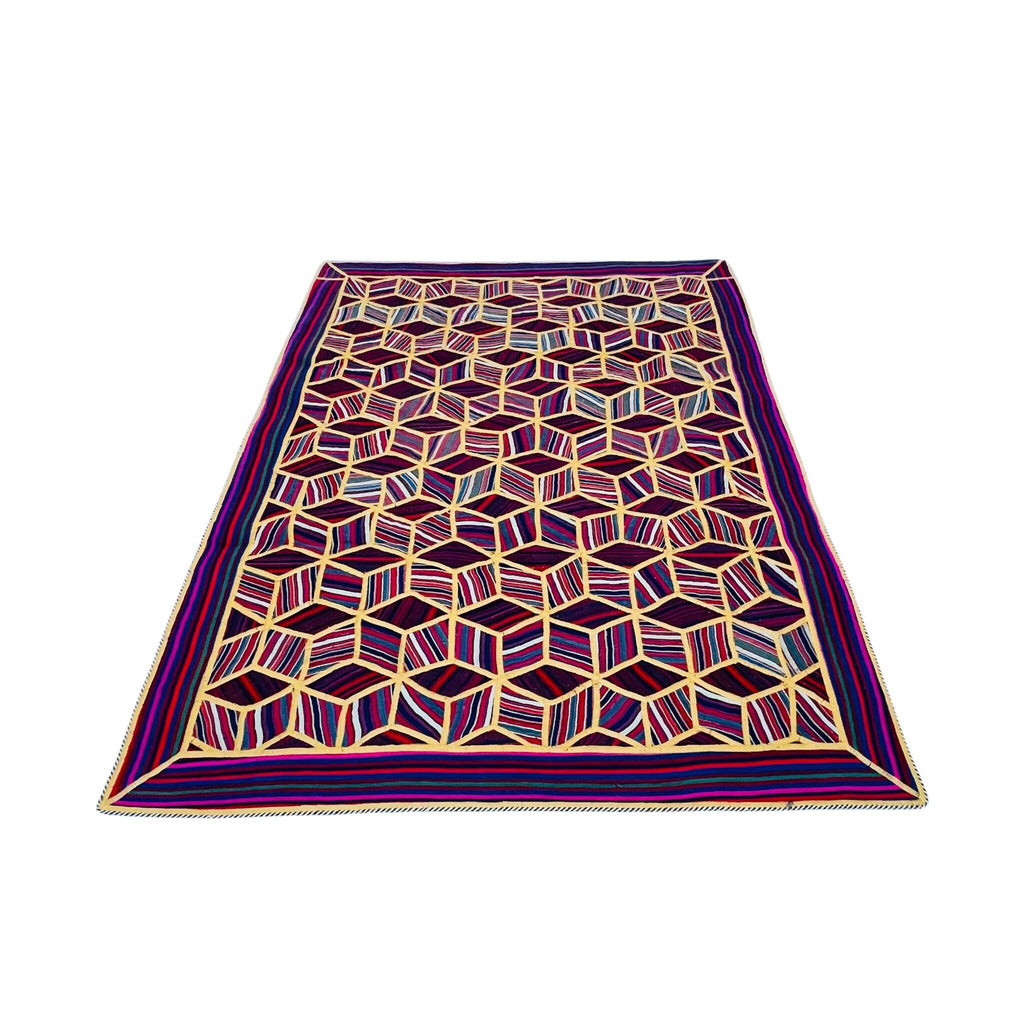 Handgeknüpfter Patchwork Teppich 3D Würfelmuster, 194 × 144 cm (6,4 × 4,7 ft), Unikat