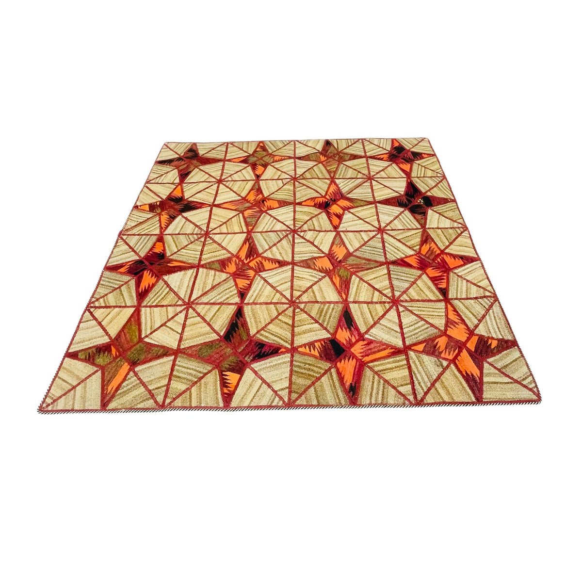Kelim Patchwork Teppich Sternen-Muster Beige, 160 × 160 cm (5,2 × 5,2 ft), handgewebtes Unikat