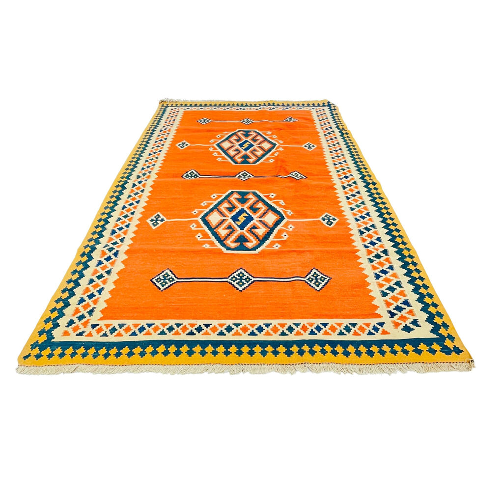 Kelim Teppich Orange Doppelmedaillon, 222 × 200 cm (7,3 × 6,6 ft), handgewebtes Unikat