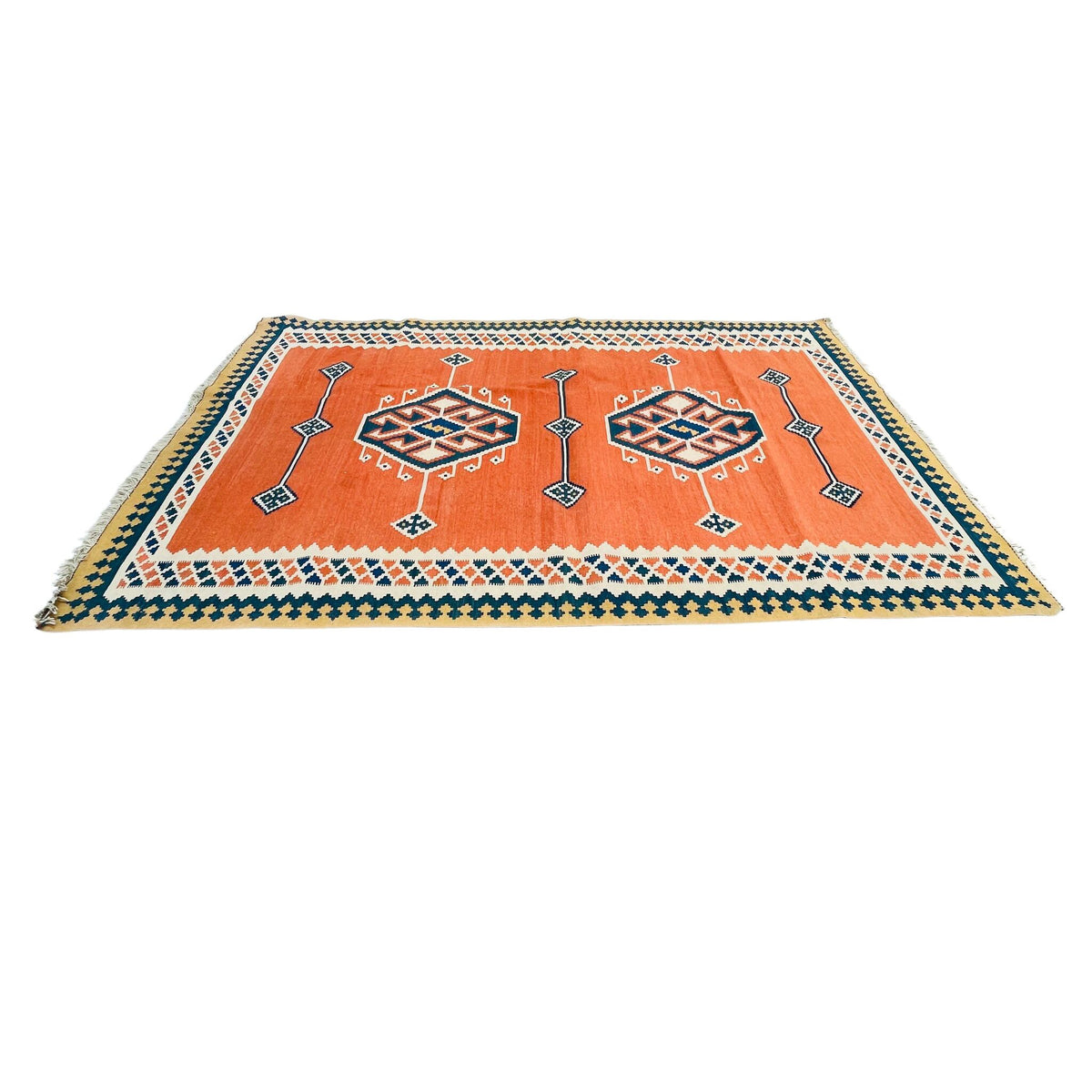 Kelim Teppich Orange Doppelmedaillon, handgewebtes Unikat – Ansicht 4
