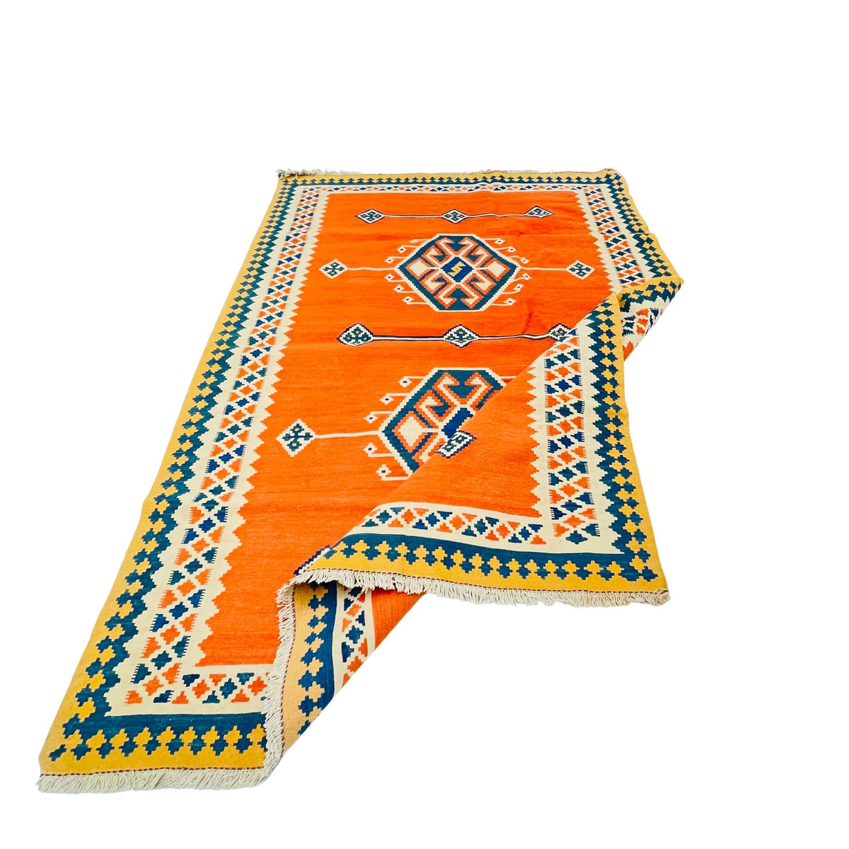 Kelim Teppich Orange Doppelmedaillon, handgewebtes Unikat – Ansicht 5