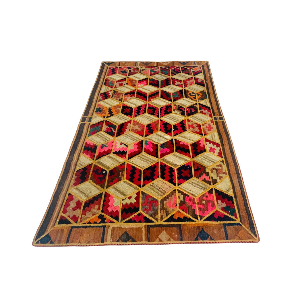 Patchwork Teppich 3D-Würfelmuster, 198 × 133 cm (6,5 × 4,4 ft), handgefertigtes Unikat