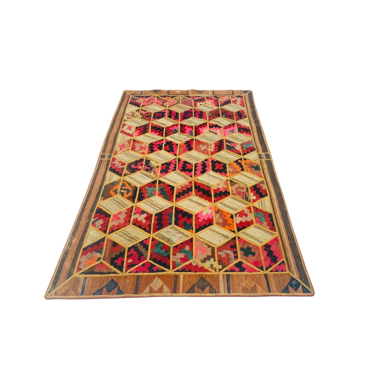Patchwork Teppich 3D-Würfelmuster, handgefertigtes Unikat – Ansicht 3