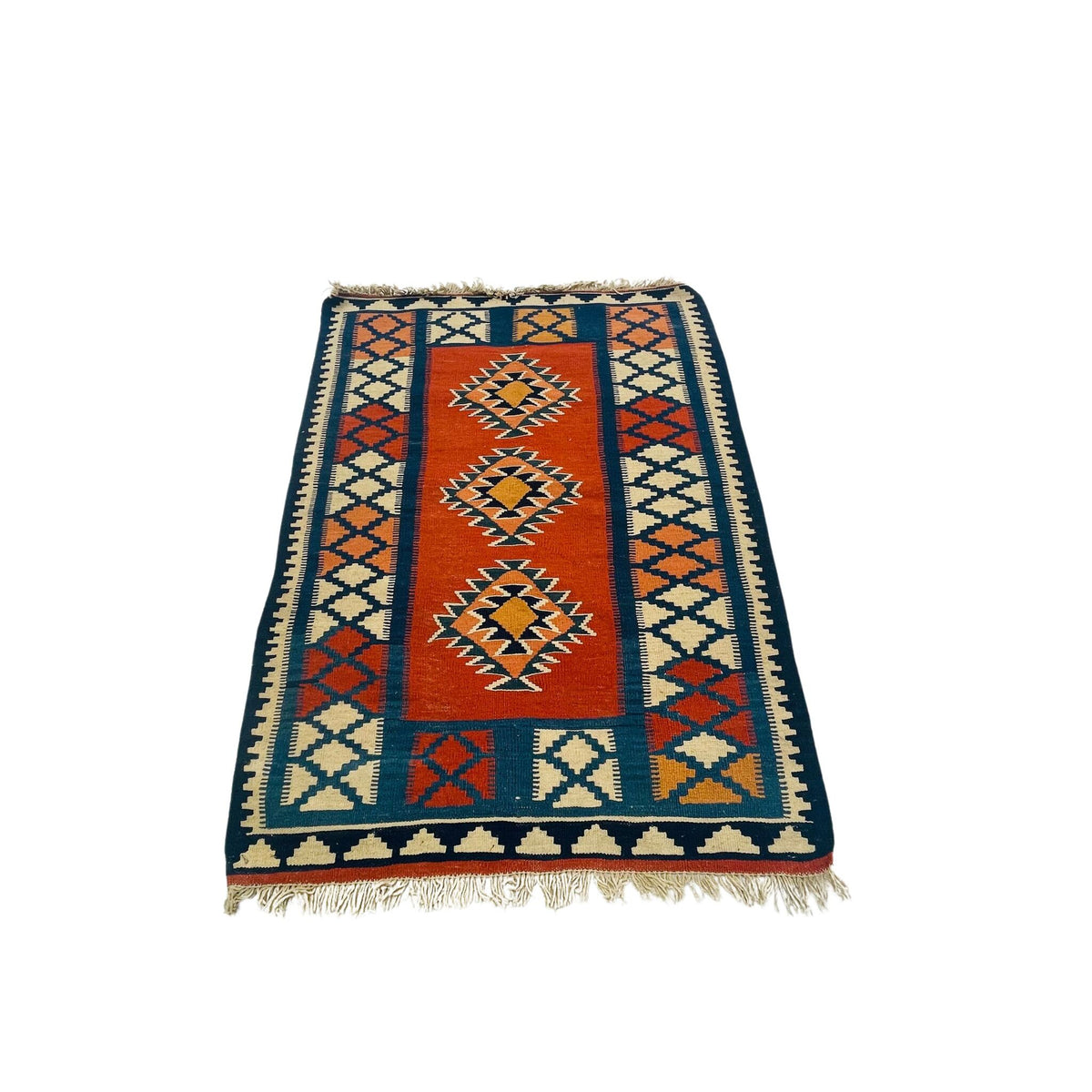 Kelim Teppich Rot Blau Rauten-Medaillons, 139 × 100 cm (4,6 × 3,3 ft), handgewebtes Unikat