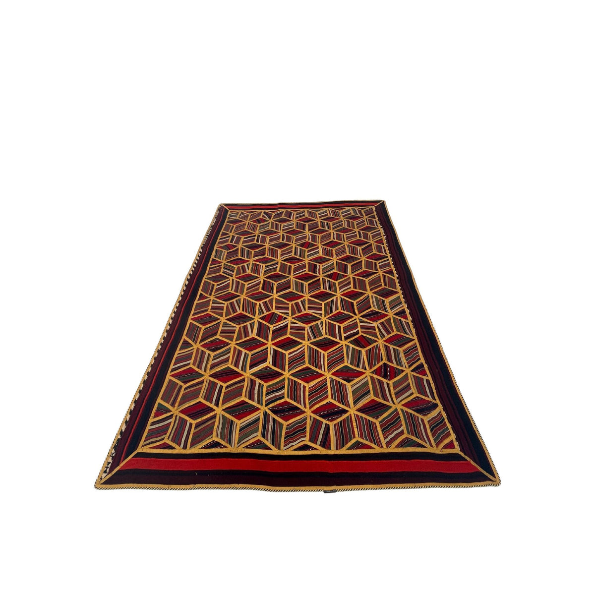Patchwork Teppich Würfelmuster Rot Gelb, handgefertigtes Unikat – Ansicht 3