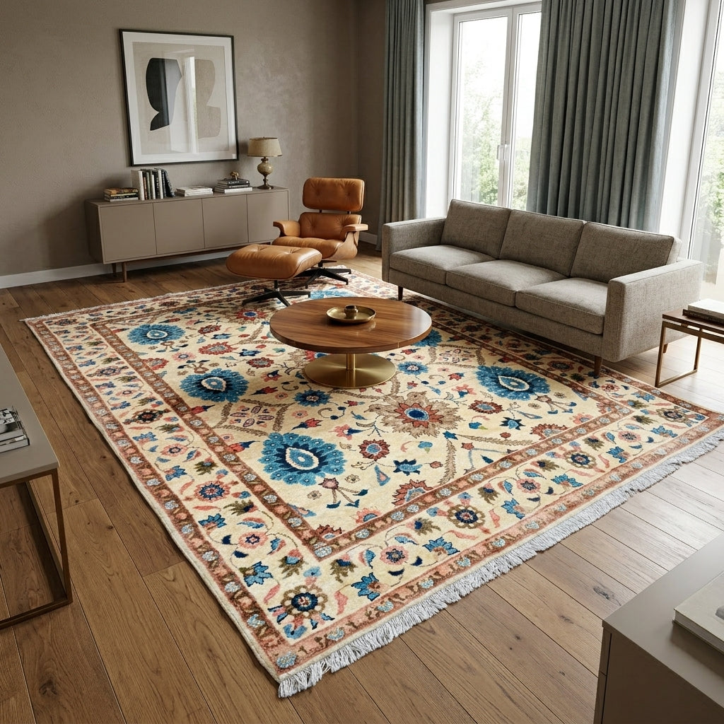 Orientteppich Beige Blau Palmetten, handgeknüpftes Unikat – Ansicht 2