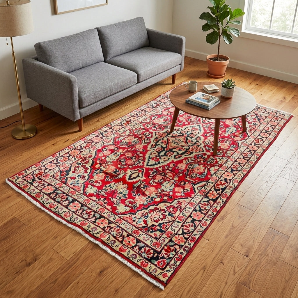 Orientteppich Rot Creme Florales Medaillon, handgeknüpftes Unikat – Ansicht 2