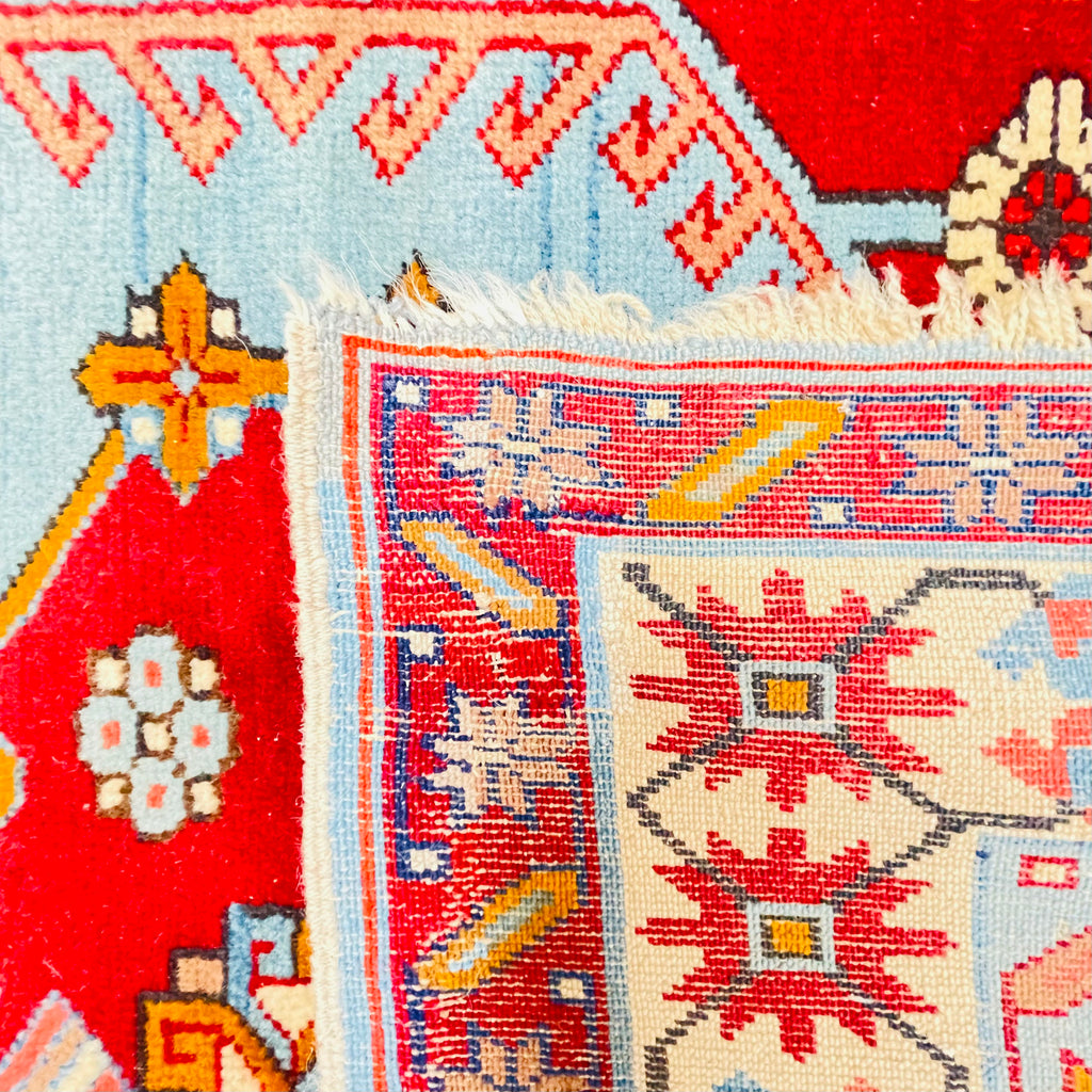Antiker Kazak Teppich Rot Hellblau, handgeknüpftes Unikat – Ansicht 9