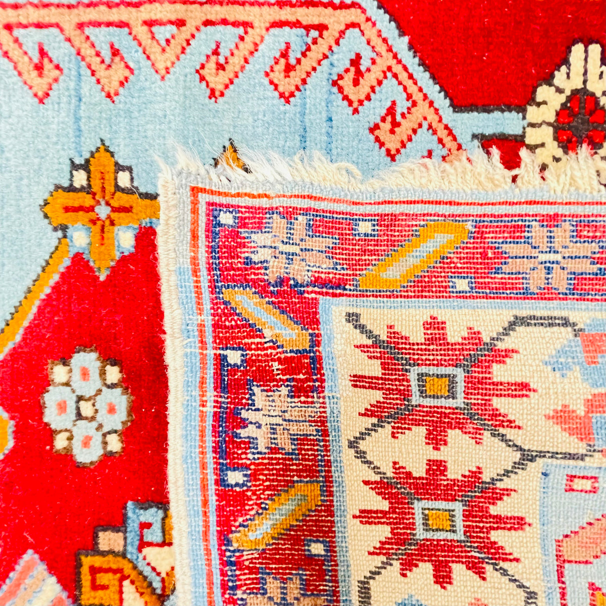 Antiker Kazak Teppich Rot Hellblau, handgeknüpftes Unikat – Ansicht 9