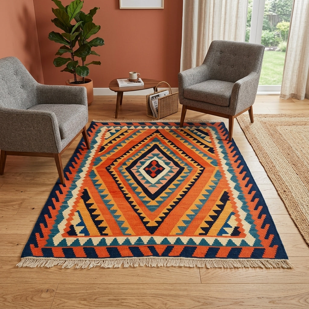 Kelim Teppich Orange Rauten-Medaillon, handgewebtes Unikat – Ansicht 2