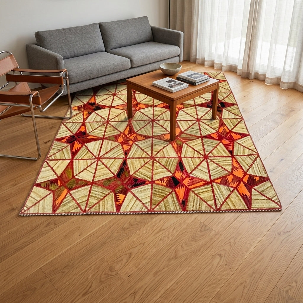 Kelim Patchwork Teppich Sternen-Muster Beige, handgewebtes Unikat – Ansicht 2