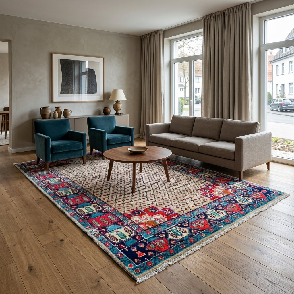Orientteppich Beige Magenta Bordüre, handgeknüpftes Unikat – Ansicht 2