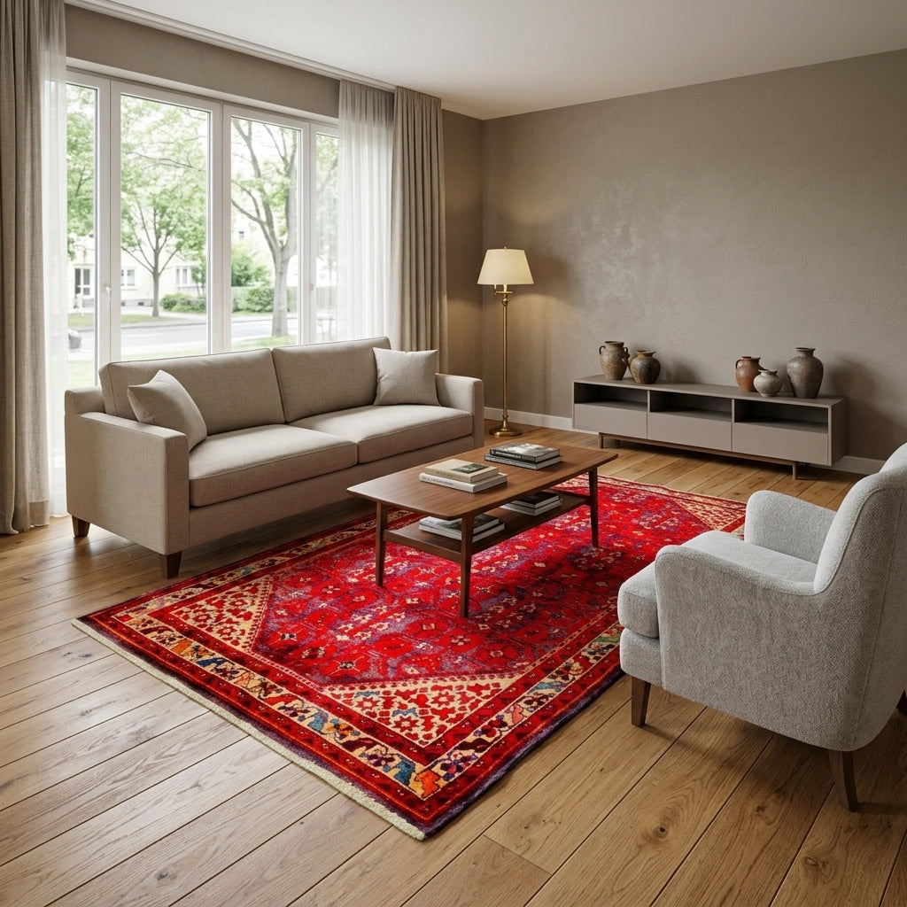 Orientteppich Rot Blau Beige Rautenfeld, handgeknüpftes Unikat – Ansicht 2