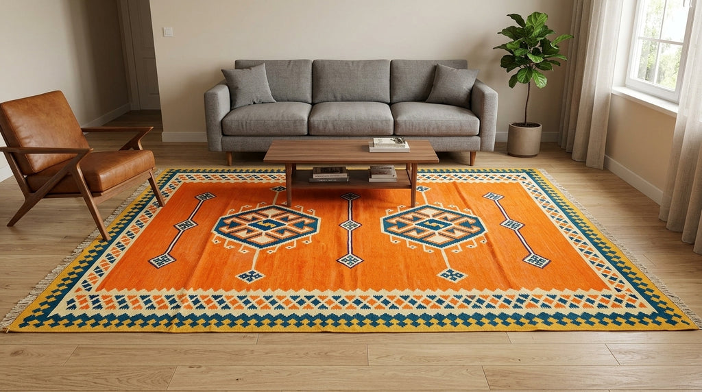 Kelim Teppich Orange Doppelmedaillon, handgewebtes Unikat – Ansicht 2