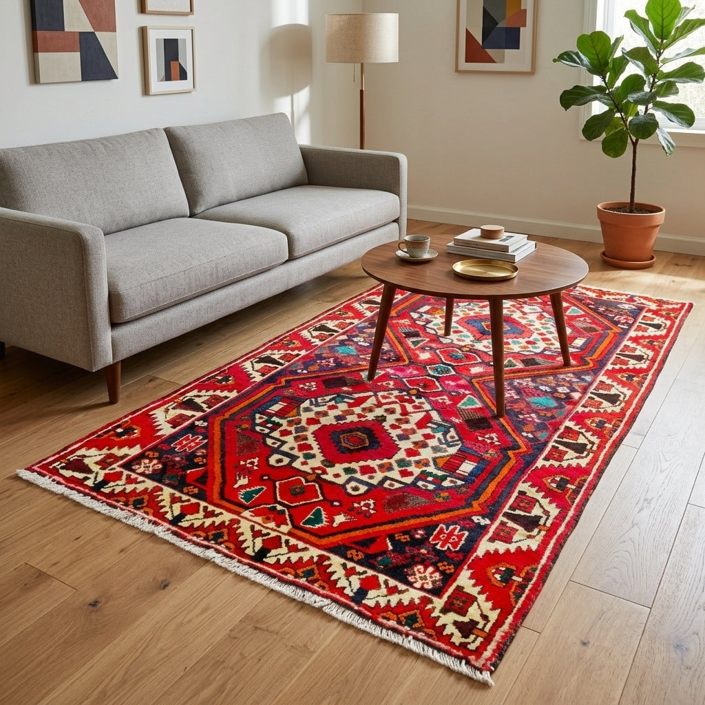 Orientteppich Rot Blau Geometrisch Medaillon, handgeknüpftes Unikat – Ansicht 2