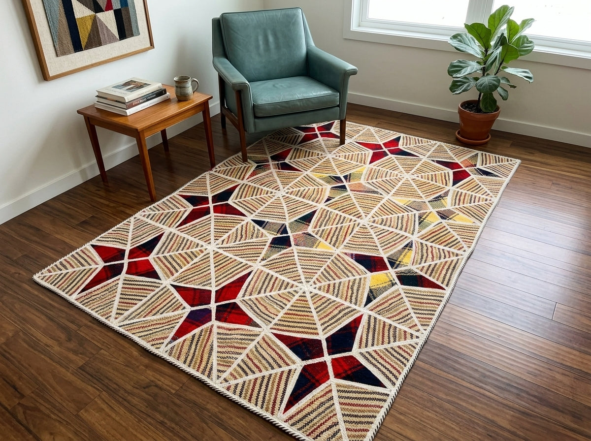 Handgeknüpfter Patchwork Teppich Sternen-Muster, Unikat – Ansicht 2