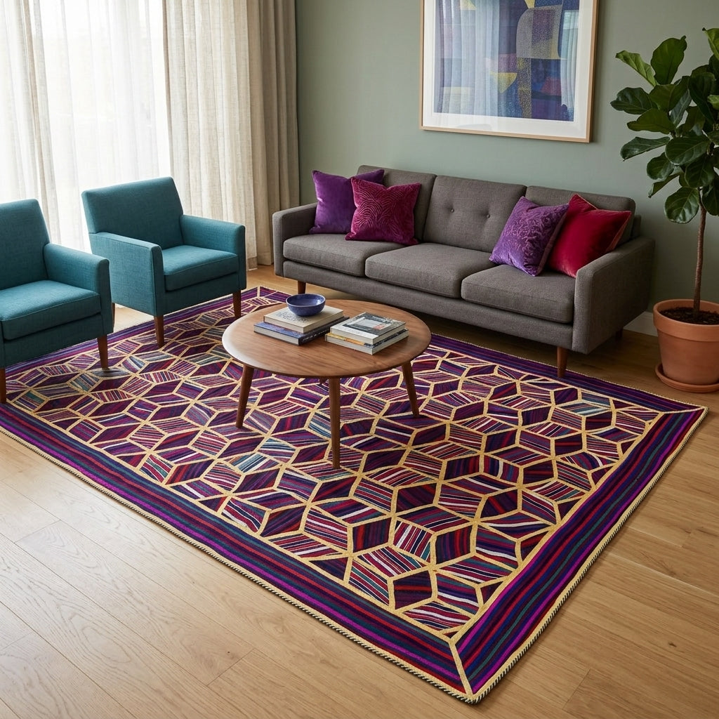 Handgeknüpfter Patchwork Teppich 3D Würfelmuster, Unikat – Ansicht 2