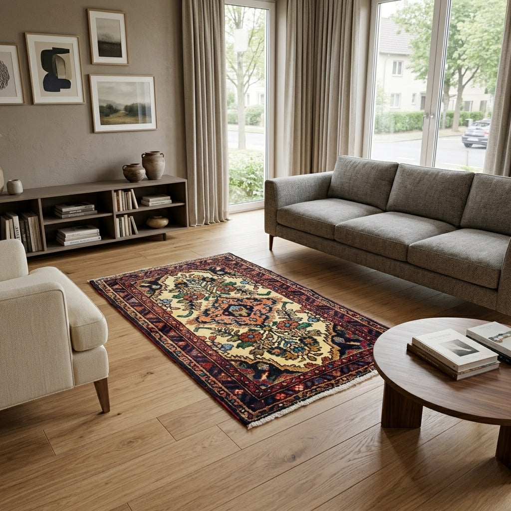 Poshti Orientteppich Beige Rot Medaillon, handgeknüpftes Unikat – Ansicht 2